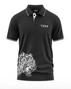 Black men's polo t-shirt with white tiger graphic and TIGER text, army-inspired style