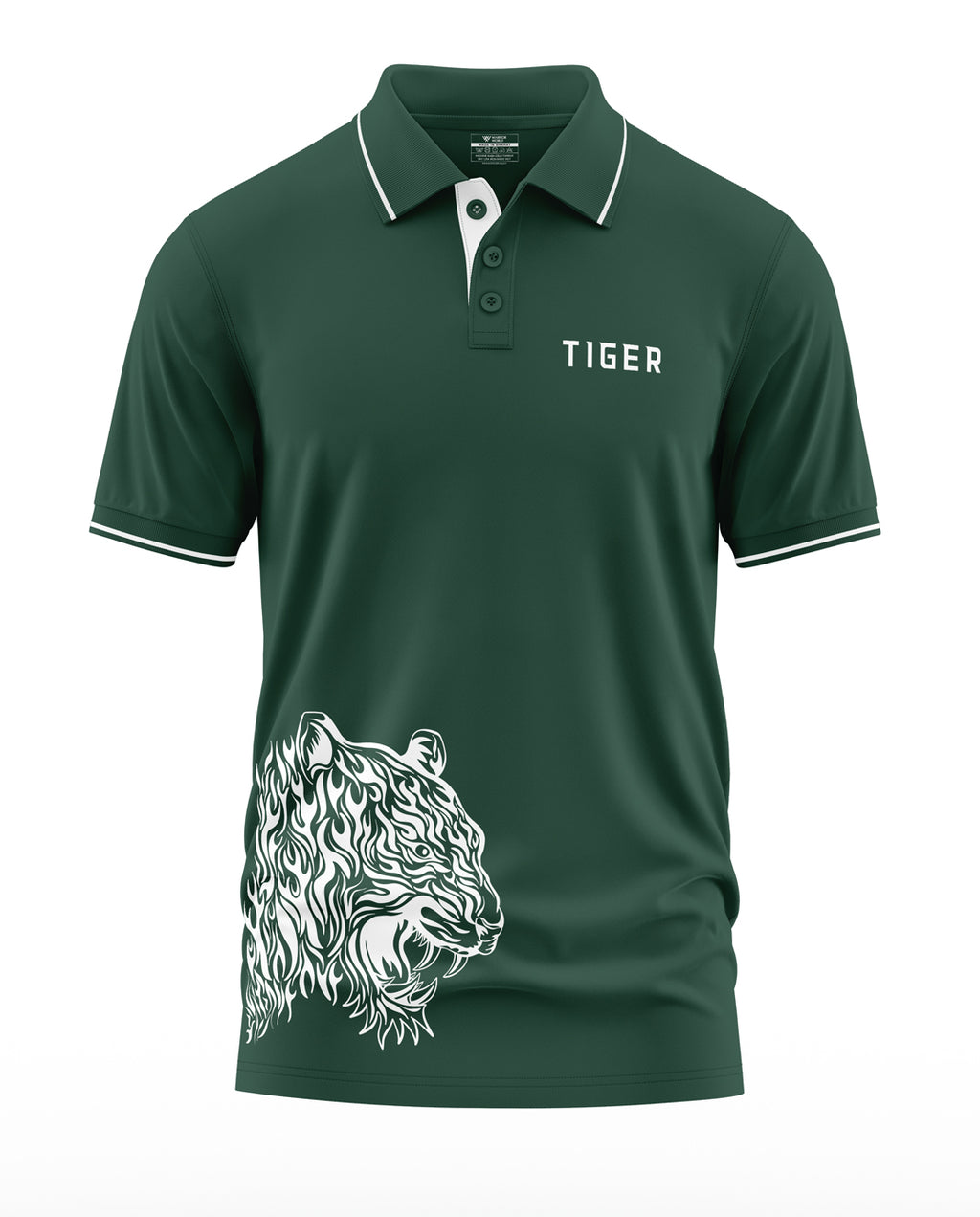 Green polo t-shirt for men with white tiger graphic and TIGER text on chest