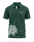 Green polo t-shirt for men with white tiger graphic and TIGER text on chest