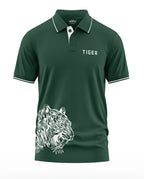 Green polo t-shirt for men with white tiger graphic and TIGER text on chest