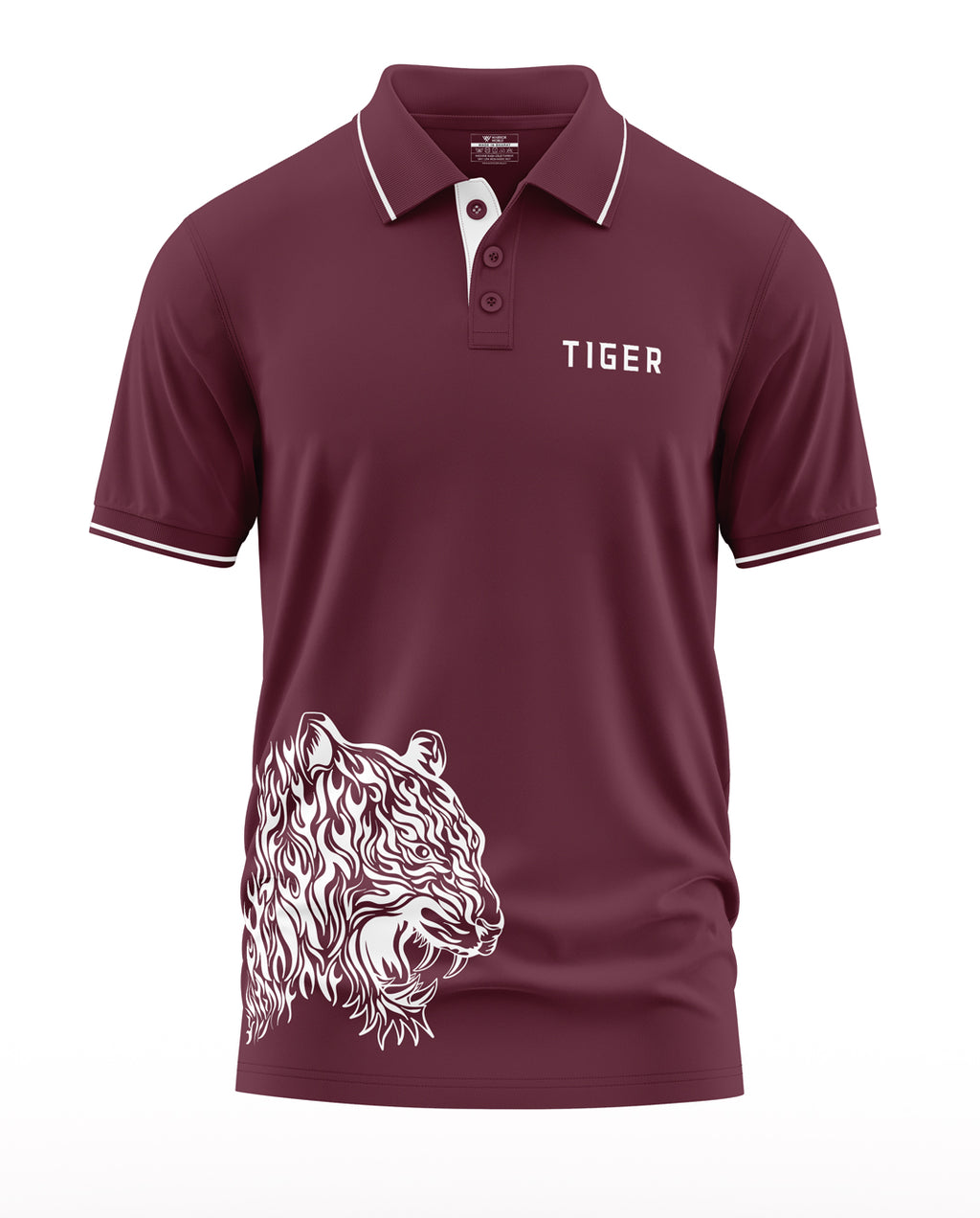 Maroon men's polo t-shirt with white tiger graphic and TIGER text, short sleeve, stylish design