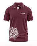 Maroon men's polo t-shirt with white tiger graphic and TIGER text, short sleeve, stylish design