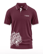 Maroon men's polo t-shirt with white tiger graphic and TIGER text, short sleeve, stylish design
