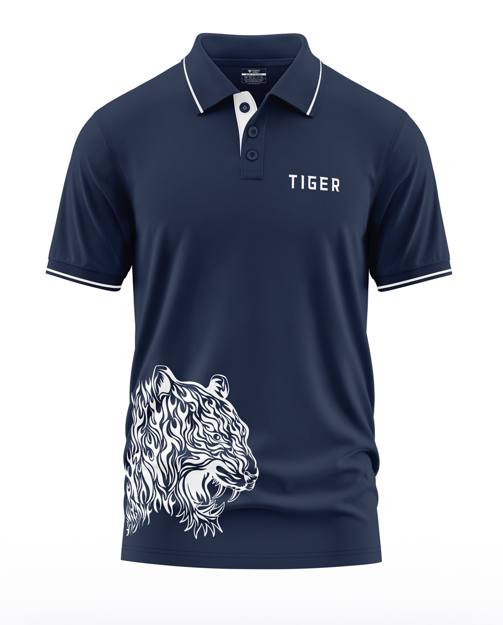 Navy blue men's polo t-shirt with white tiger head graphic and TIGER text on chest