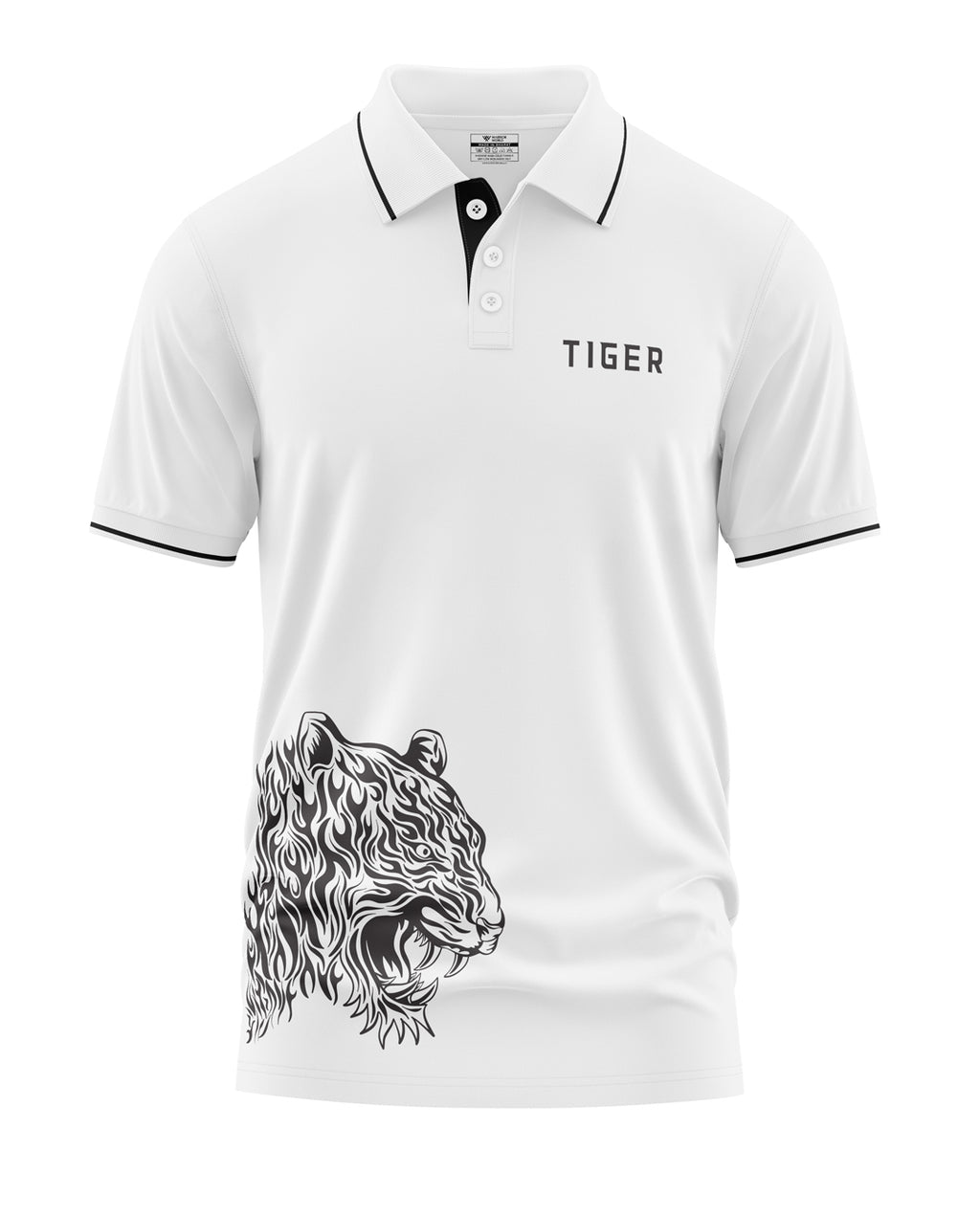 White men's polo t-shirt with black tiger head graphic and TIGER text on chest