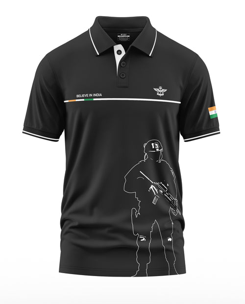 Black men's polo t-shirt with army soldier outline, India flag patch, and 'Believe in India' text.