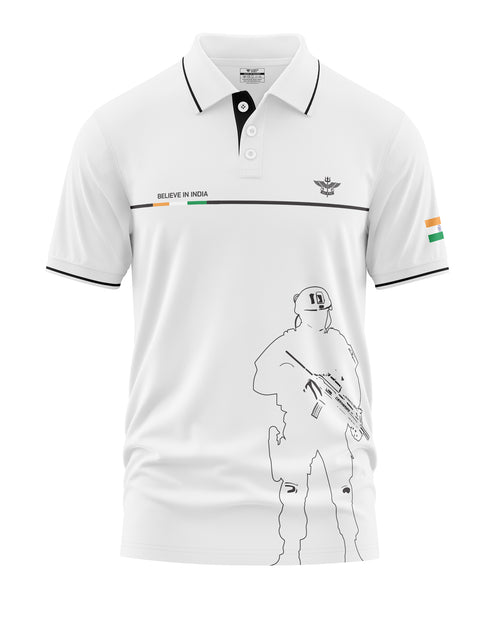 White men's polo t-shirt with army soldier outline, tricolor flag and 'Believe in India' text
