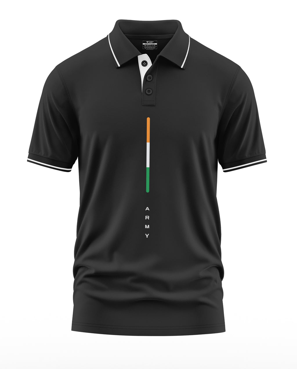 Black men's polo t-shirt with India tricolor vertical stripe and 'ARMY' text on front