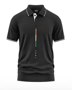 Black men's polo t-shirt with India tricolor vertical stripe and 'ARMY' text on front