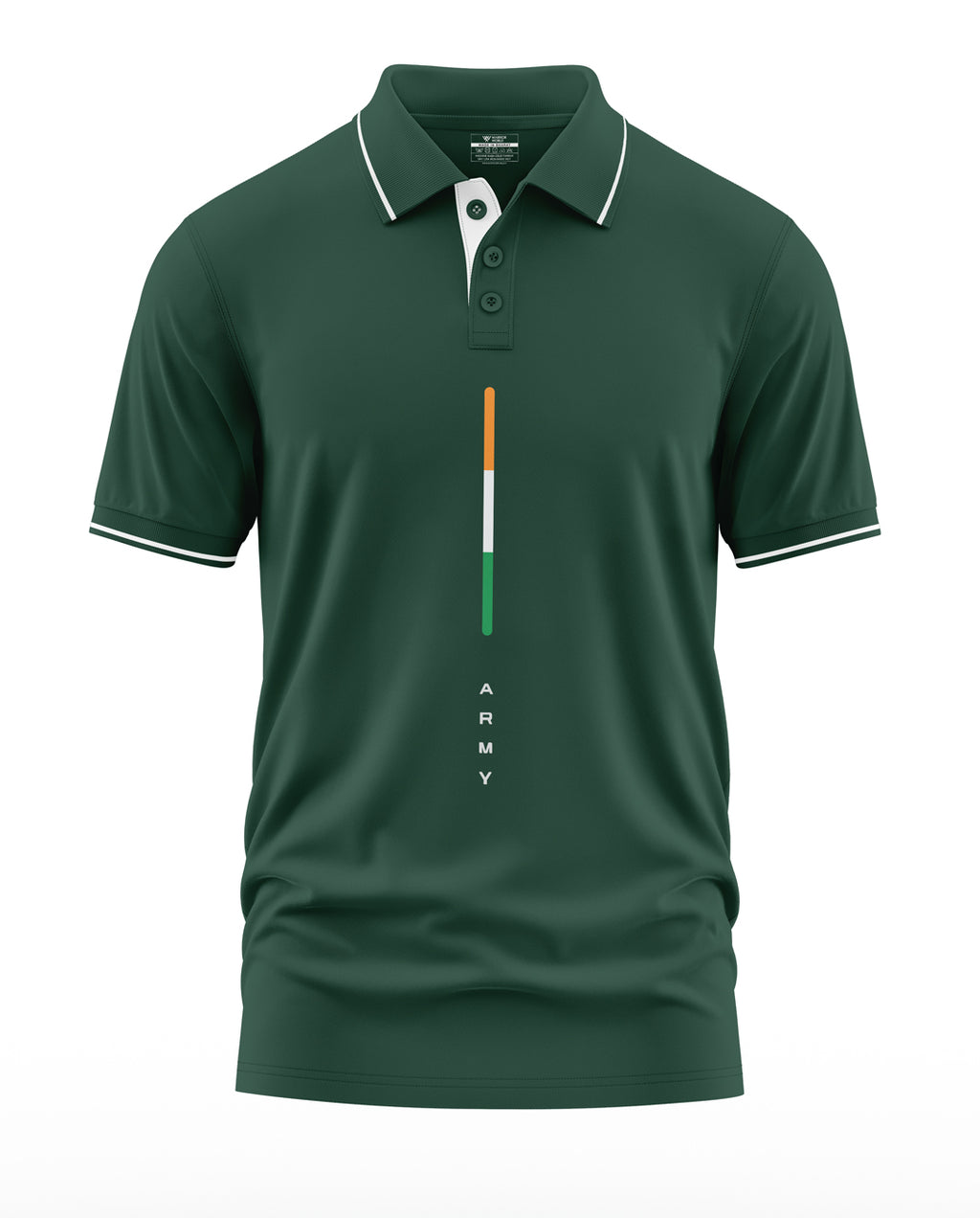Green men's polo T-shirt with white trim, army text, and tricolor vertical stripe design