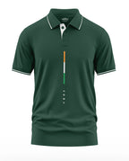 Green men's polo T-shirt with white trim, army text, and tricolor vertical stripe design