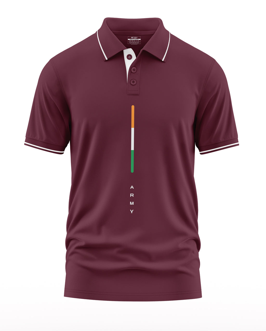Maroon men's polo t-shirt with tricolor stripe and 'ARMY' text on front, short sleeves