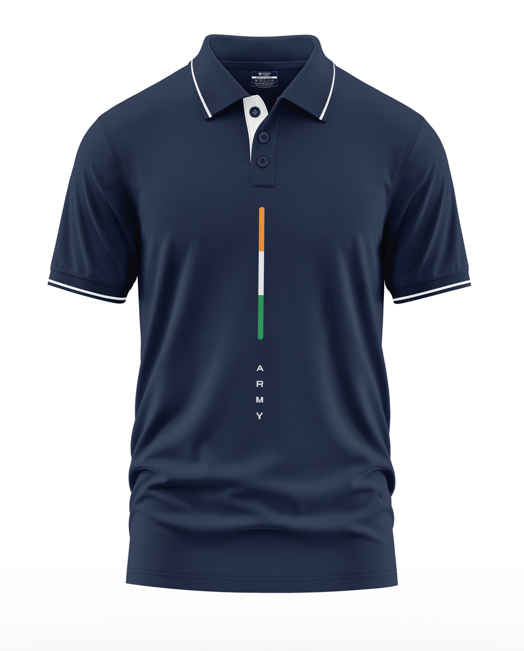 Navy blue men's polo t-shirt with tricolor vertical stripe and 'ARMY' text on front