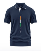 Navy blue men's polo t-shirt with tricolor vertical stripe and 'ARMY' text on front