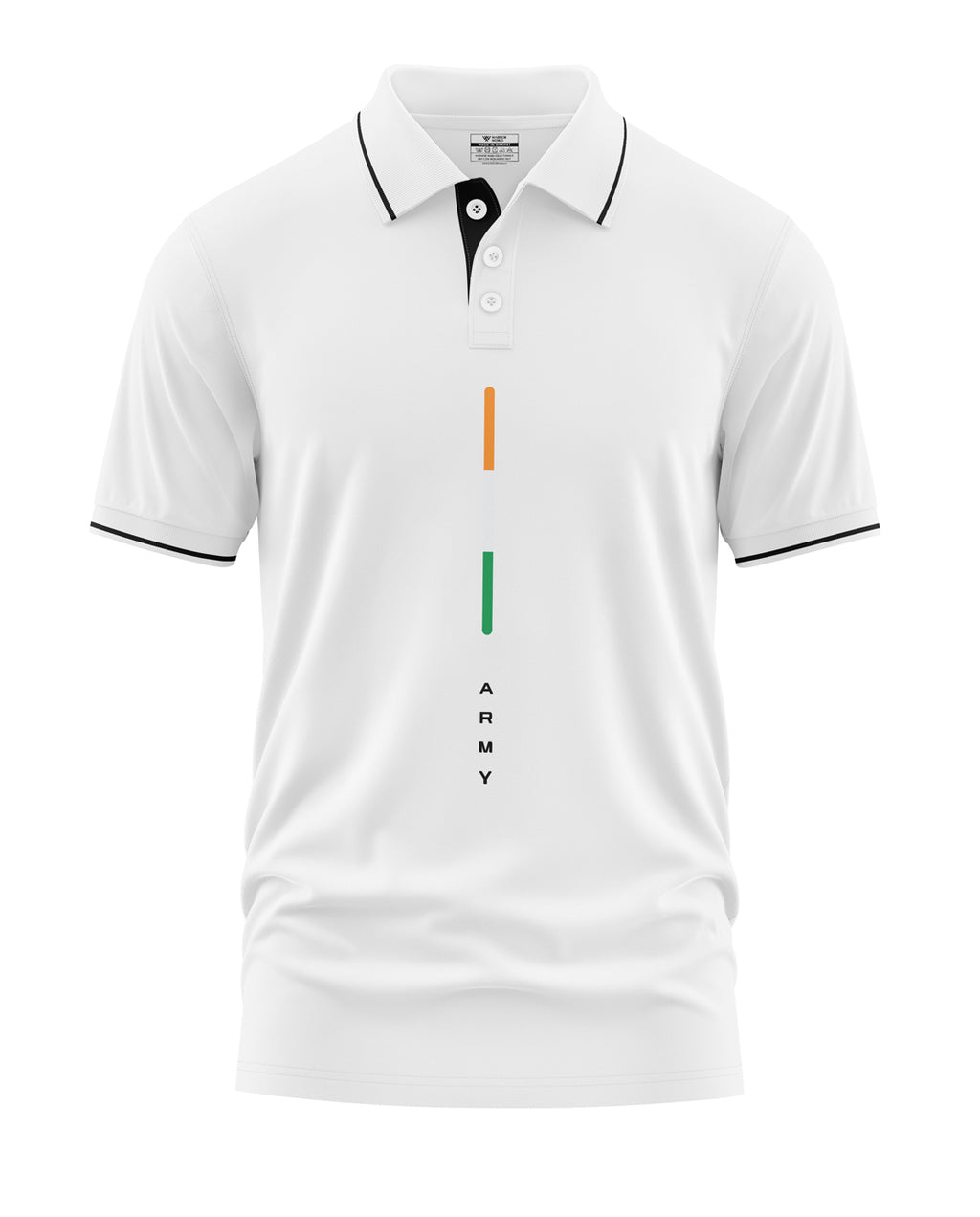 White polo T-shirt with black collar trim, tricolor stripe and 'ARMY' text on front