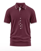 Maroon men's polo t-shirt with white piping and geometric 'KARMA' print on front
