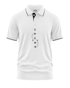 White men's polo shirt with black accents and abstract KRM graphic on the chest