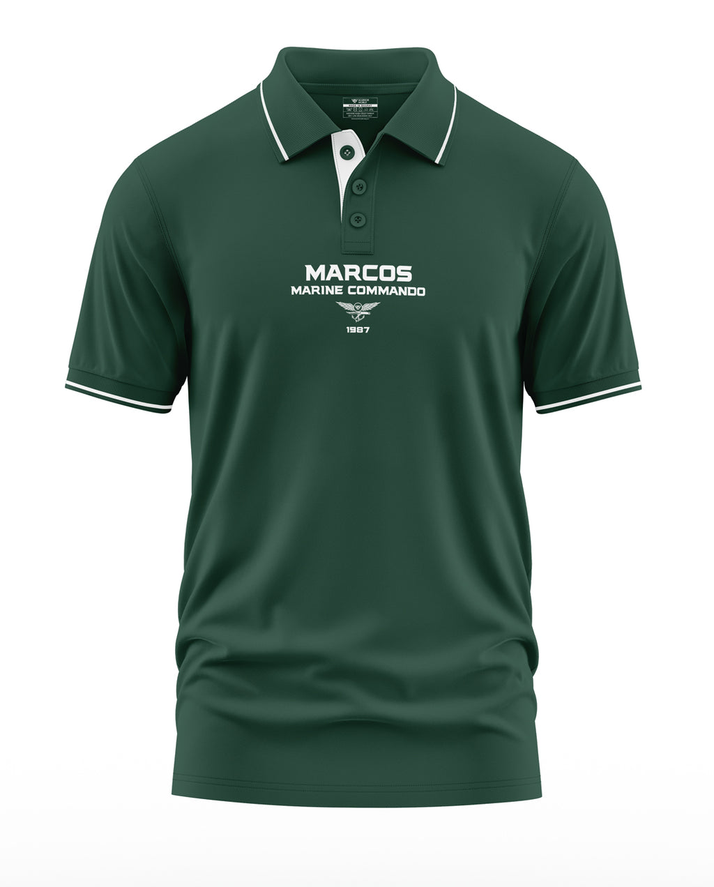 Dark green men's polo t-shirt with MARCOS Marine Commando text and white accents