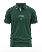 Dark green men's polo t-shirt with MARCOS Marine Commando text and white accents