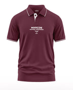 Men's maroon polo t-shirt with MARCOS Marine Commando print, short sleeves, white trim