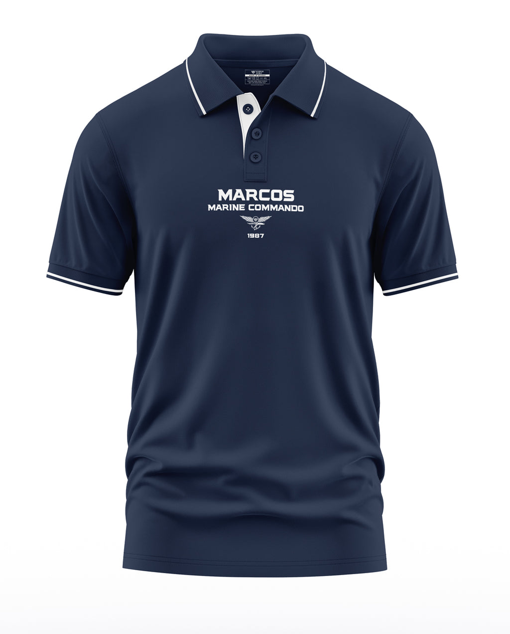 Navy blue men's polo t-shirt with 'MARCO'S MARINE COMMANDO 1987' printed on chest