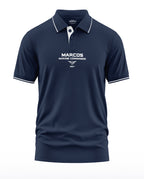 Navy blue men's polo t-shirt with 'MARCO'S MARINE COMMANDO 1987' printed on chest