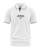 White polo t-shirt with MARCOS Marine Commando 1987 print, black piping on collar and sleeves