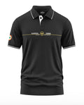 Black men's polo t-shirt with white collar trim, Kargil 1999 battlefield text, and Indian flag patch on sleeve