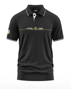 Black men's polo t-shirt with white collar trim, Kargil 1999 battlefield text, and Indian flag patch on sleeve