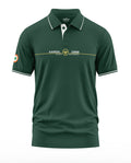 Green men's polo t-shirt with Kargil embroidery, Indian flag patch on sleeve, army-inspired design.