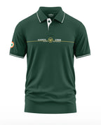 Green men's polo t-shirt with Kargil embroidery, Indian flag patch on sleeve, army-inspired design.