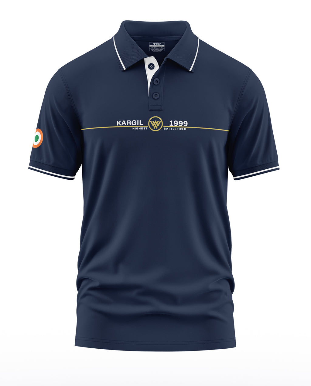 Navy blue men's polo t-shirt with 'Kargil 1999' text and Indian flag patch on sleeve