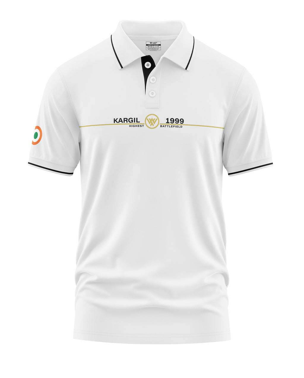 White men's polo t-shirt with Kargil 1999 print, black collar, and Indian flag sleeve patch