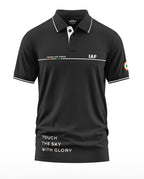 Black Indian Air Force polo t-shirt with IAF logo, tricolor patch on sleeve, and slogan text.