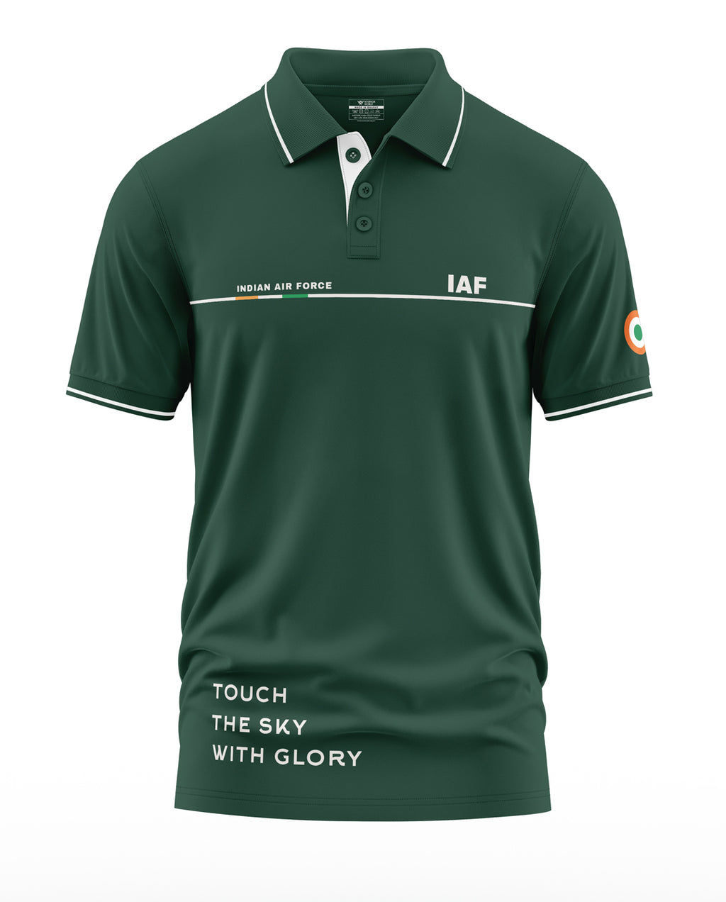 Green Indian Air Force polo t-shirt with IAF text, tricolor badge, and 'Touch the Sky with Glory' slogan.