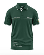 Green Indian Air Force polo t-shirt with IAF text, tricolor badge, and 'Touch the Sky with Glory' slogan.