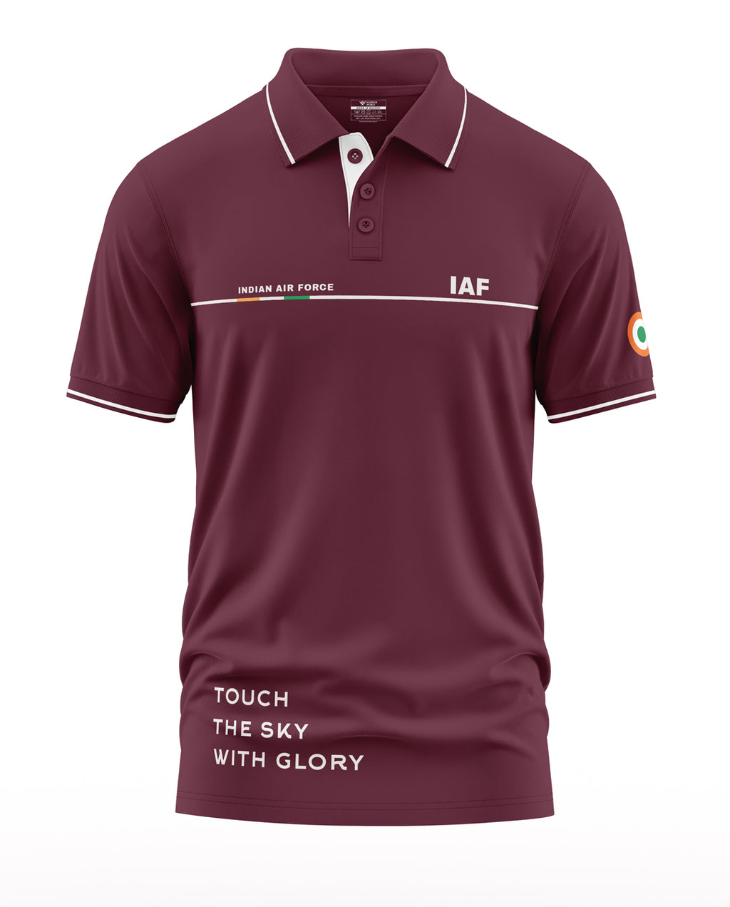 Maroon men's polo t-shirt with Indian Air Force theme, IAF logo, and tricolor sleeve detail