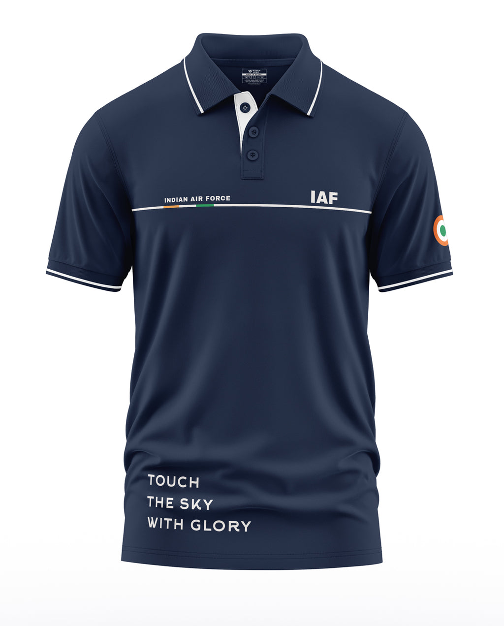 Navy blue Indian Air Force polo t-shirt with slogan, IAF text, and tricolor roundel on sleeve