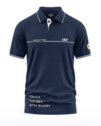Navy blue Indian Air Force polo t-shirt with slogan, IAF text, and tricolor roundel on sleeve