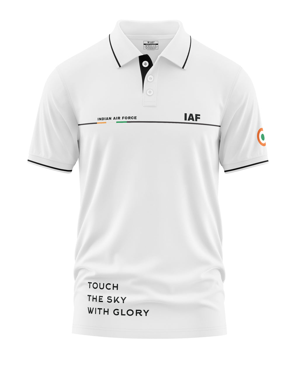 White men's polo t-shirt with Indian Air Force text, IAF logo, and patriotic tricolor sleeve print