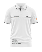 White men's polo t-shirt with Indian Air Force text, IAF logo, and patriotic tricolor sleeve print