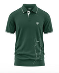 Green men's polo t-shirt with white horse sketch and contrast collar trim