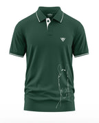 Green men's polo t-shirt with white horse sketch and contrast collar trim