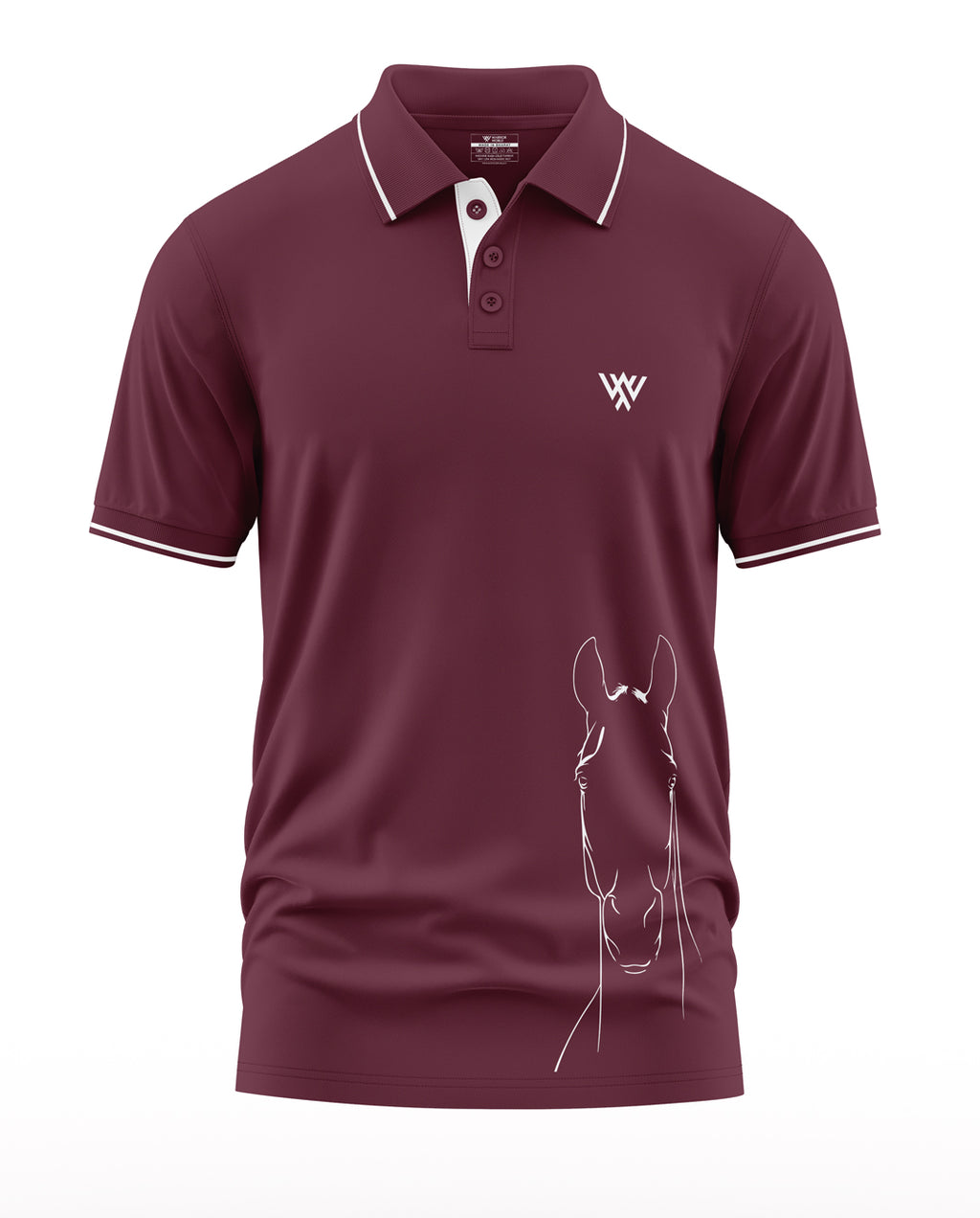 Maroon men's polo t-shirt with white horse graphic and contrast collar for stylish casual wear