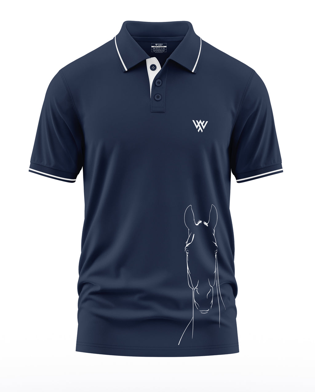 Men's navy blue polo t-shirt with white piping, horse sketch graphic, and chest logo