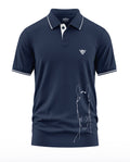 Men's navy blue polo t-shirt with white piping, horse sketch graphic, and chest logo
