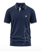 Men's navy blue polo t-shirt with white piping, horse sketch graphic, and chest logo