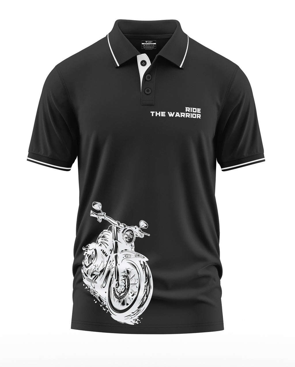 Black men's polo t-shirt with white motorcycle graphic and 'Ride The Warrior' text print
