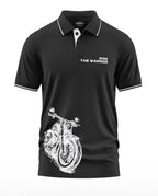 Black men's polo t-shirt with white motorcycle graphic and 'Ride The Warrior' text print