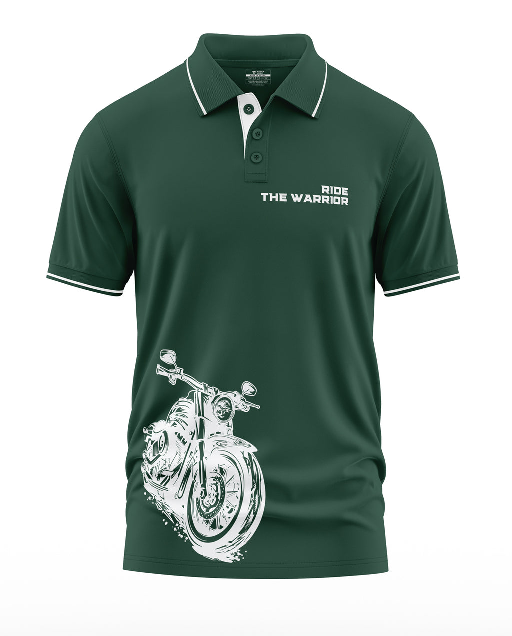 Green men's polo shirt with 'Ride the Warrior' text and white motorcycle graphic print